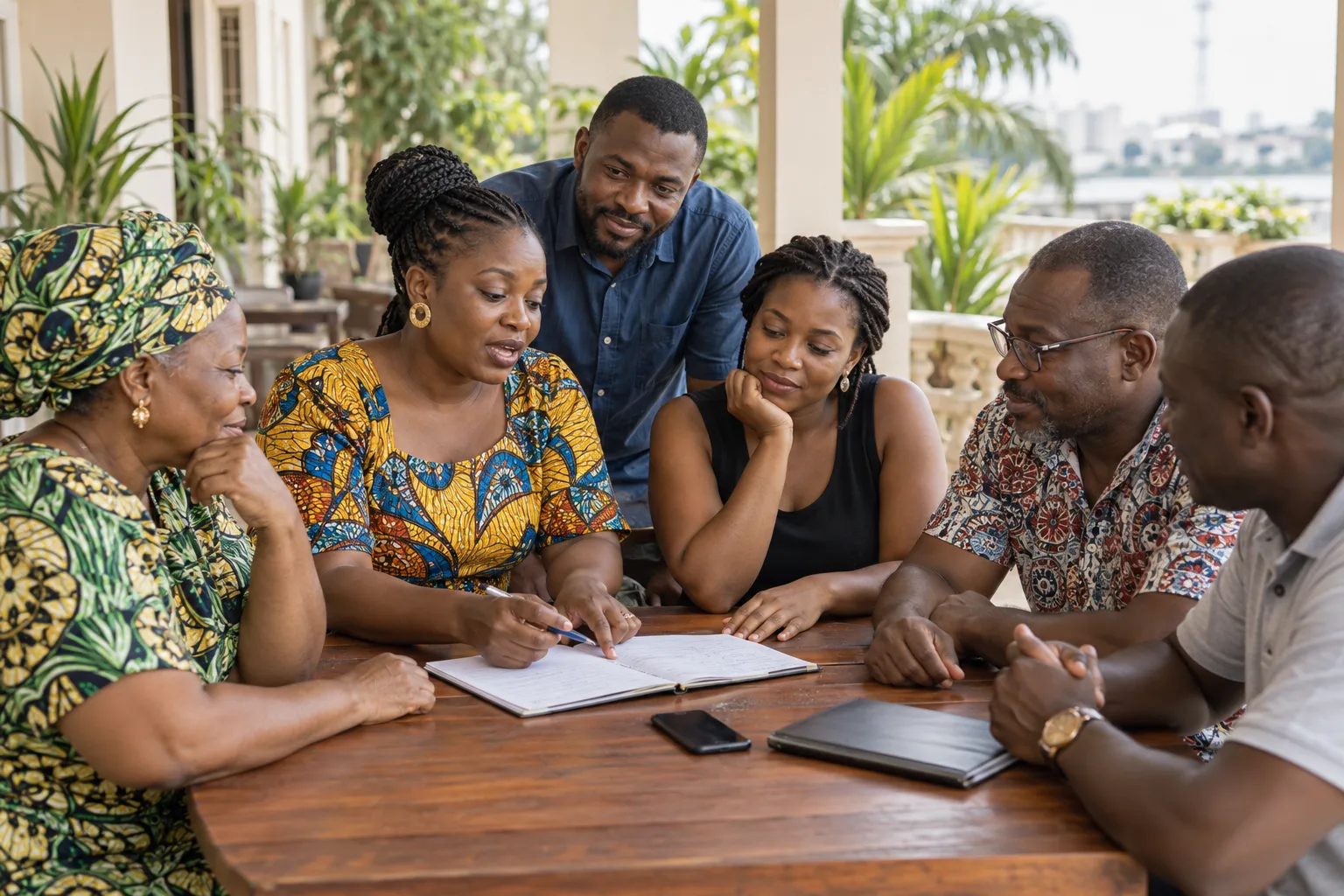 Illustration d'une réunion de tontine entre adultes africains